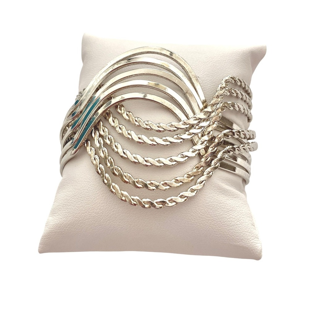 Silver Multi-Band Cuff Bracelet – Polished & Twisted Rope Design marked 925‎